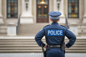 policier-dos-batiment-municipal-escalier