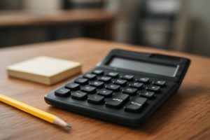 calculatrice-bureau-bois-notes-crayon