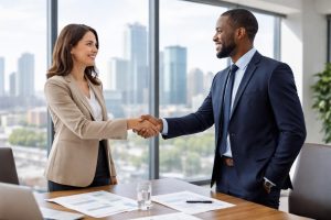personnes-tenue-professionnelle-poignee-main-bureau
