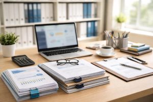 bureau-organise-ordinateur-documents-etageres
